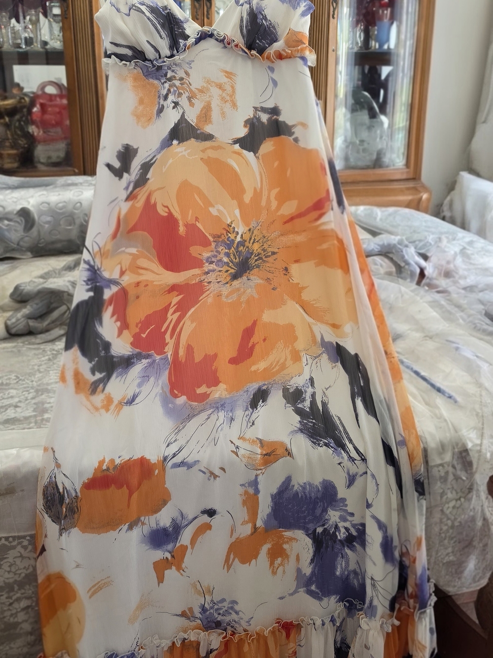 BCBGeneration White Maxi Skirt with Orange & Purple Floral Print